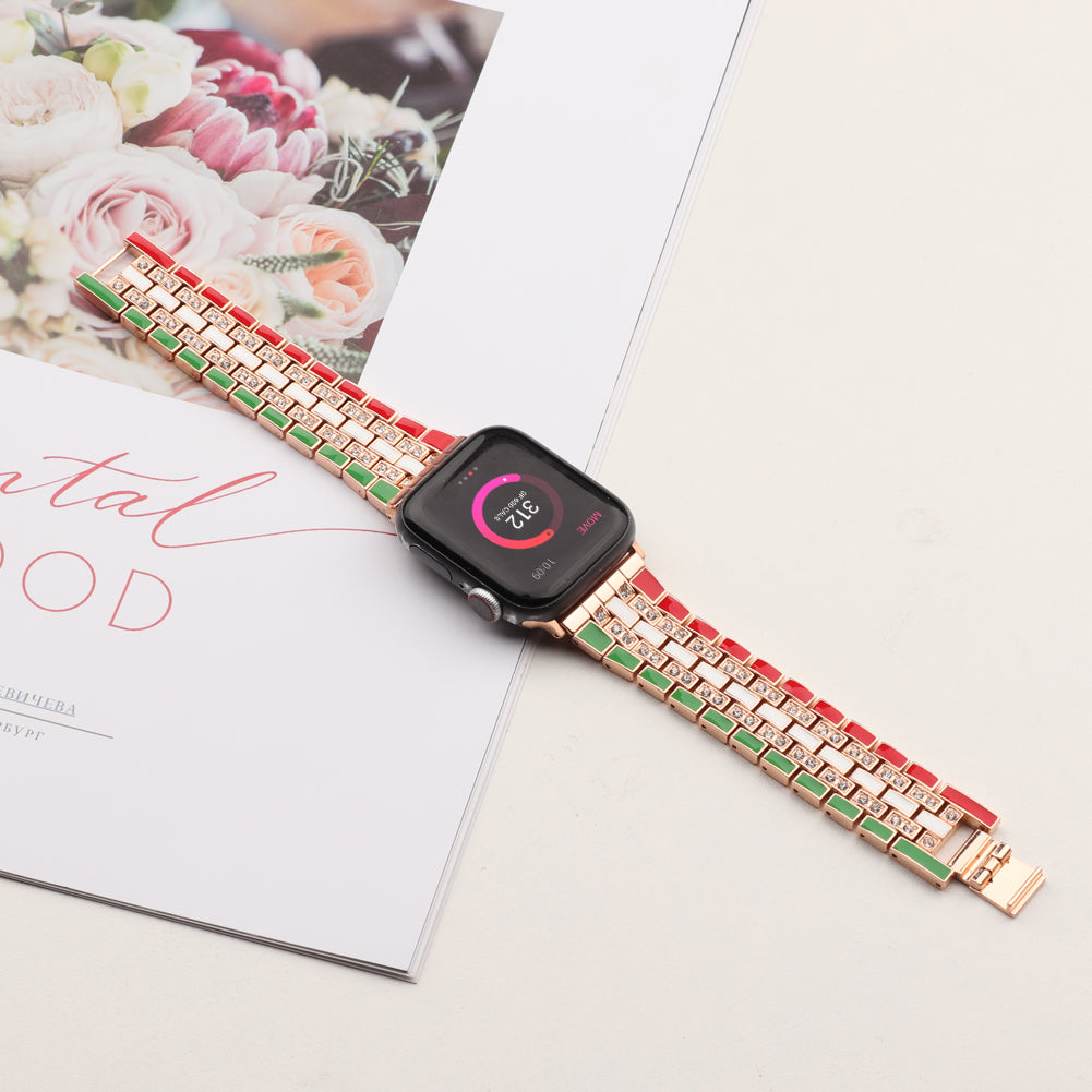 for Apple Watch Ultra 49mm / Series 8 45mm / 7 45mm / Series 6 / 5 / 4 / SSE 44mm / SE (2022) 44mm / Series 3 / 2 / 1 42mm Flag Style Watch Strap Rhinestone Band Replacement - Red / Green / Rose Gold