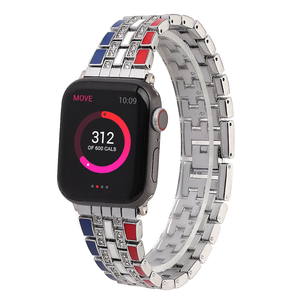 for Apple Watch Ultra 49mm / Series 8 45mm / 7 45mm / Series 6 / 5 / 4 / SSE 44mm / SE (2022) 44mm / Series 3 / 2 / 1 42mm Flag Style Watch Strap Rhinestone Band Replacement - Red / Blue / Silver