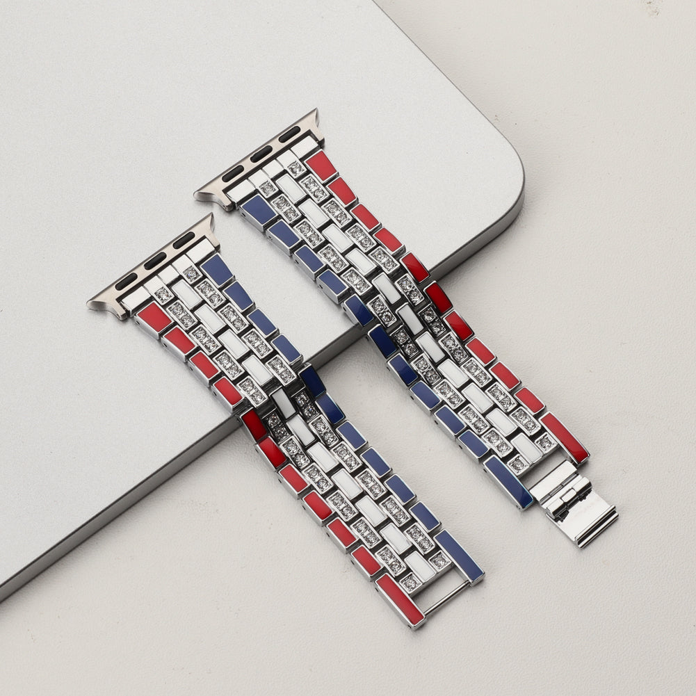 for Apple Watch Ultra 49mm / Series 8 45mm / 7 45mm / Series 6 / 5 / 4 / SSE 44mm / SE (2022) 44mm / Series 3 / 2 / 1 42mm Flag Style Watch Strap Rhinestone Band Replacement - Red / Blue / Silver