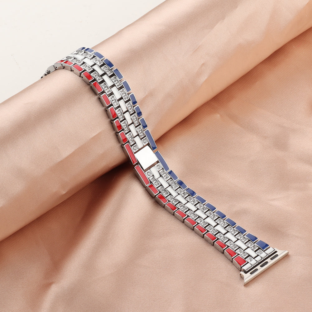 for Apple Watch Ultra 49mm / Series 8 45mm / 7 45mm / Series 6 / 5 / 4 / SSE 44mm / SE (2022) 44mm / Series 3 / 2 / 1 42mm Flag Style Watch Strap Rhinestone Band Replacement - Red / Blue / Silver