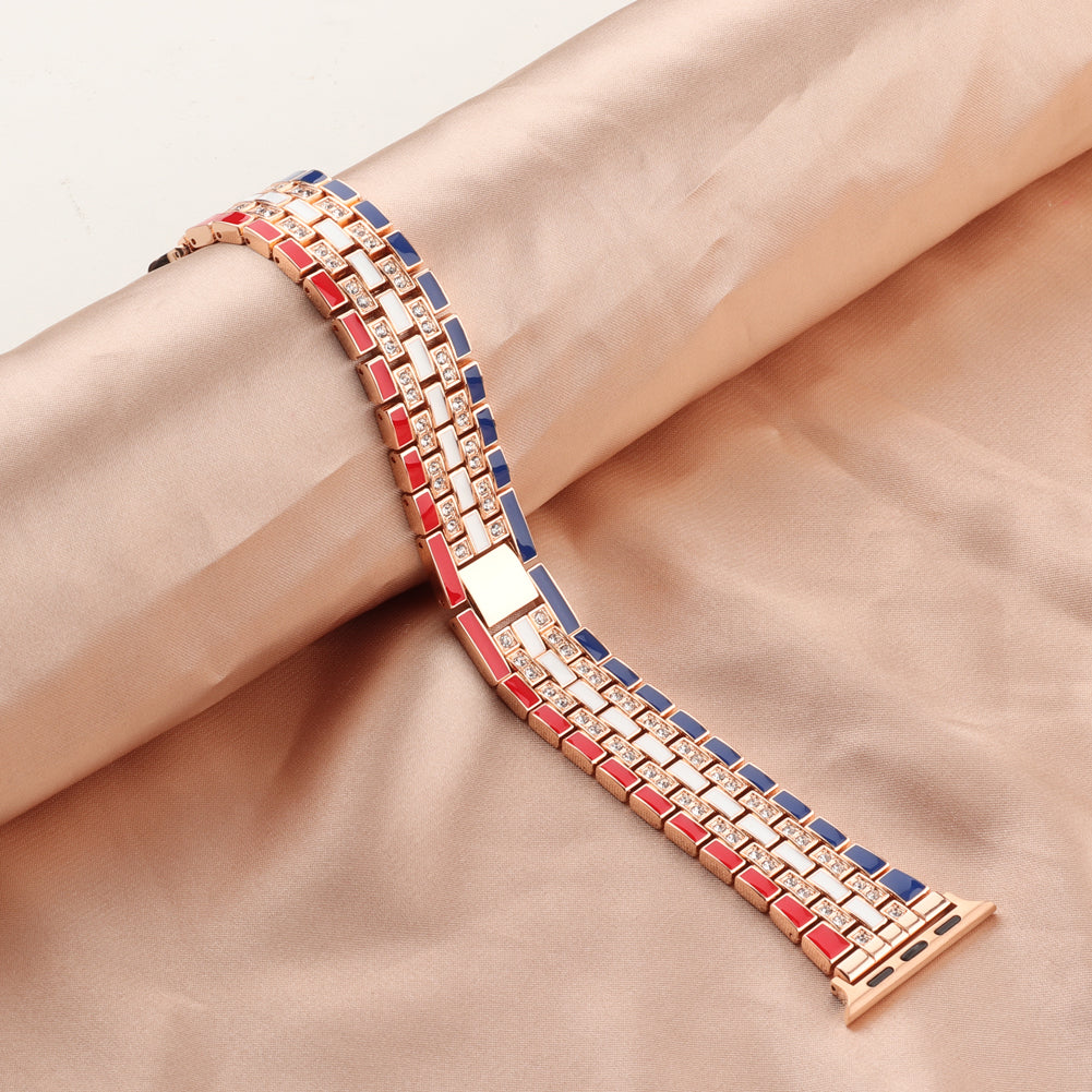 for Apple Watch Ultra 49mm / Series 8 45mm / 7 45mm / Series 6 / 5 / 4 / SSE 44mm / SE (2022) 44mm / Series 3 / 2 / 1 42mm Flag Style Watch Strap Rhinestone Band Replacement - Red / Blue / Rose Gold