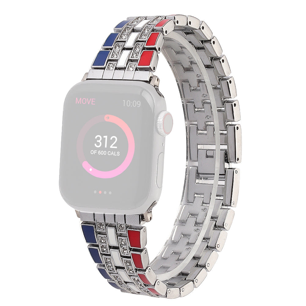 for Apple Watch Series 8 41mm / Series 7 41mm / Series 6 / 5 / 4 / SE / SE(2022) 40mm / Series 3 / 2 / 1 38mm Rhinestone Decor Flag Style Wrist Strap Smart Watch Band - Red / Blue / Silver