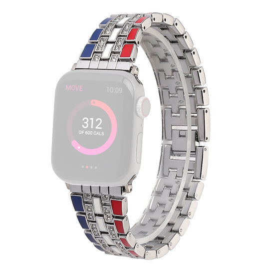 for Apple Watch Series 8 41mm / Series 7 41mm / Series 6 / 5 / 4 / SE / SE(2022) 40mm / Series 3 / 2 / 1 38mm Rhinestone Decor Flag Style Wrist Strap Smart Watch Band - Red / Blue / Silver