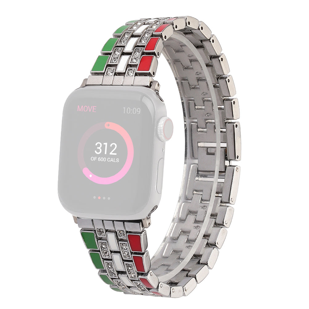 for Apple Watch Series 8 41mm / Series 7 41mm / Series 6 / 5 / 4 / SE / SE(2022) 40mm / Series 3 / 2 / 1 38mm Rhinestone Decor Flag Style Wrist Strap Smart Watch Band - Red / Green / Silver