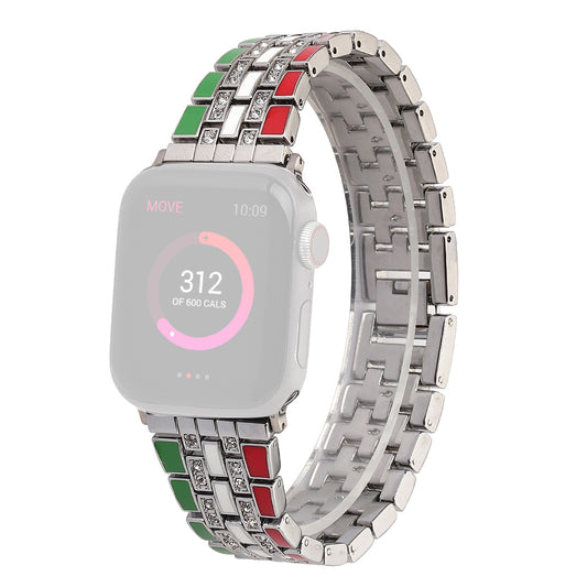 for Apple Watch Series 8 41mm / Series 7 41mm / Series 6 / 5 / 4 / SE / SE(2022) 40mm / Series 3 / 2 / 1 38mm Rhinestone Decor Flag Style Wrist Strap Smart Watch Band - Red / Green / Silver
