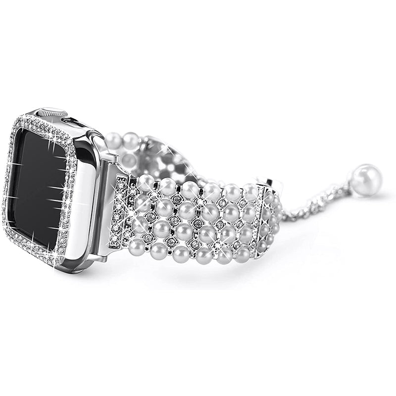For Apple Watch Series 3/2/1 38mm Stylish Pearl Rhinestone Decor Drawstring Metal Replacement Watch Strap Bracelet + PC Watch Case Frame - Silver