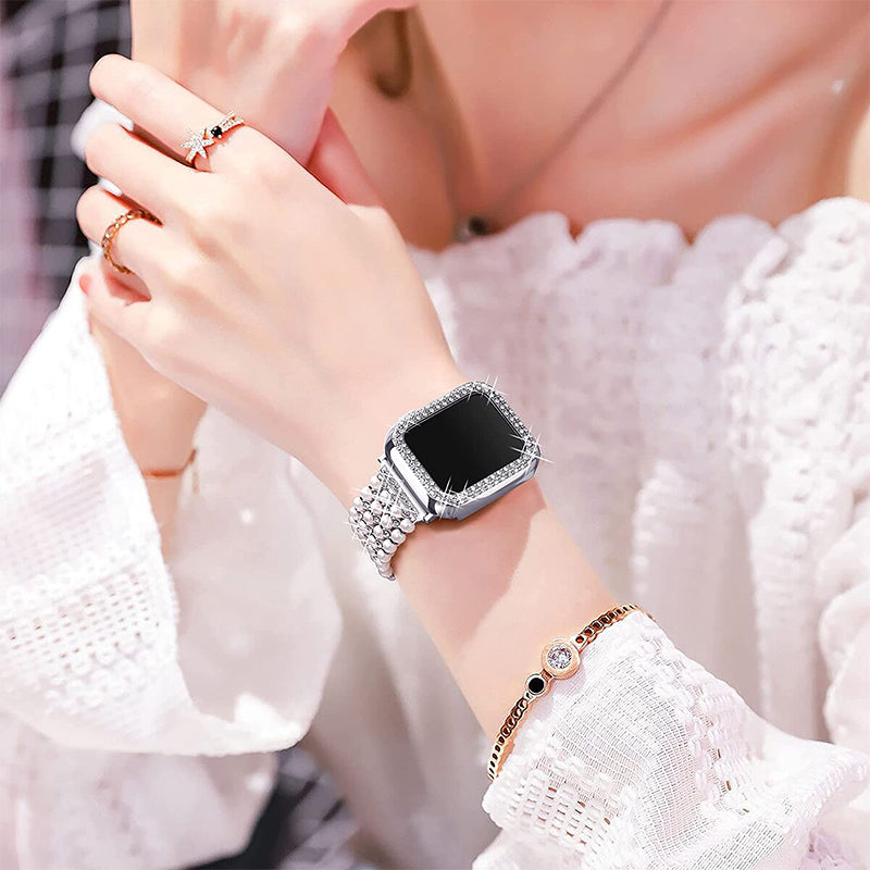 For Apple Watch Series 3/2/1 38mm Stylish Pearl Rhinestone Decor Drawstring Metal Replacement Watch Strap Bracelet + PC Watch Case Frame - Silver