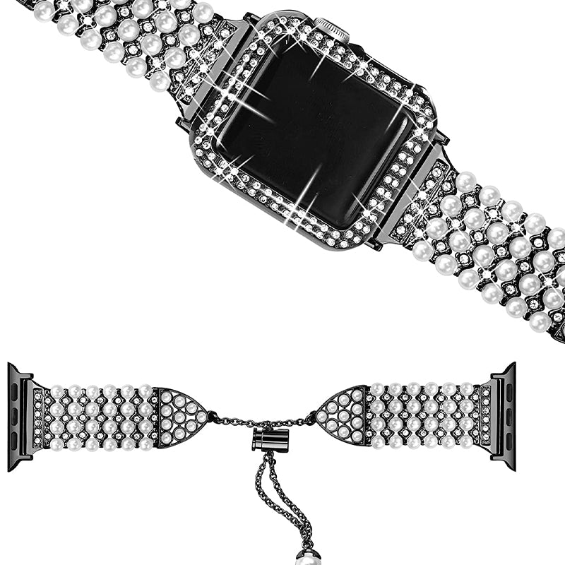 For Apple Watch Series 7 41mm Metal Pearl Rhinestone Decor Bracelet Smart Watch Band + Hollow Out PC Watch Cover Case - Black