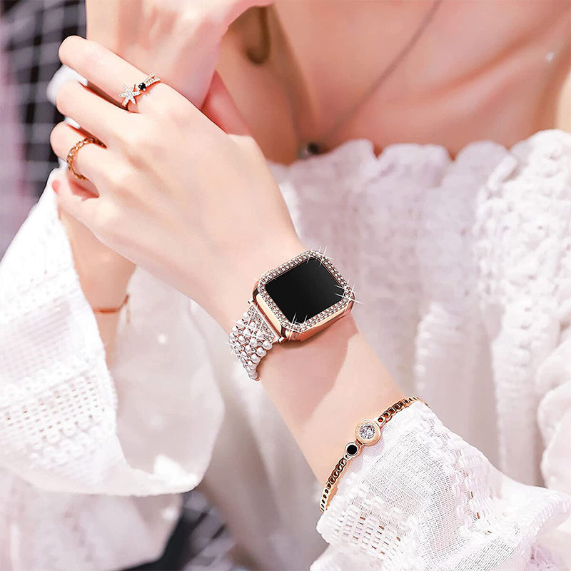 For Apple Watch Series 7 41mm Metal Pearl Rhinestone Decor Bracelet Smart Watch Band + Hollow Out PC Watch Cover Case - Rose Gold