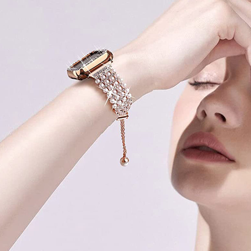 For Apple Watch Series 7 41mm Metal Pearl Rhinestone Decor Bracelet Smart Watch Band + Hollow Out PC Watch Cover Case - Rose Gold