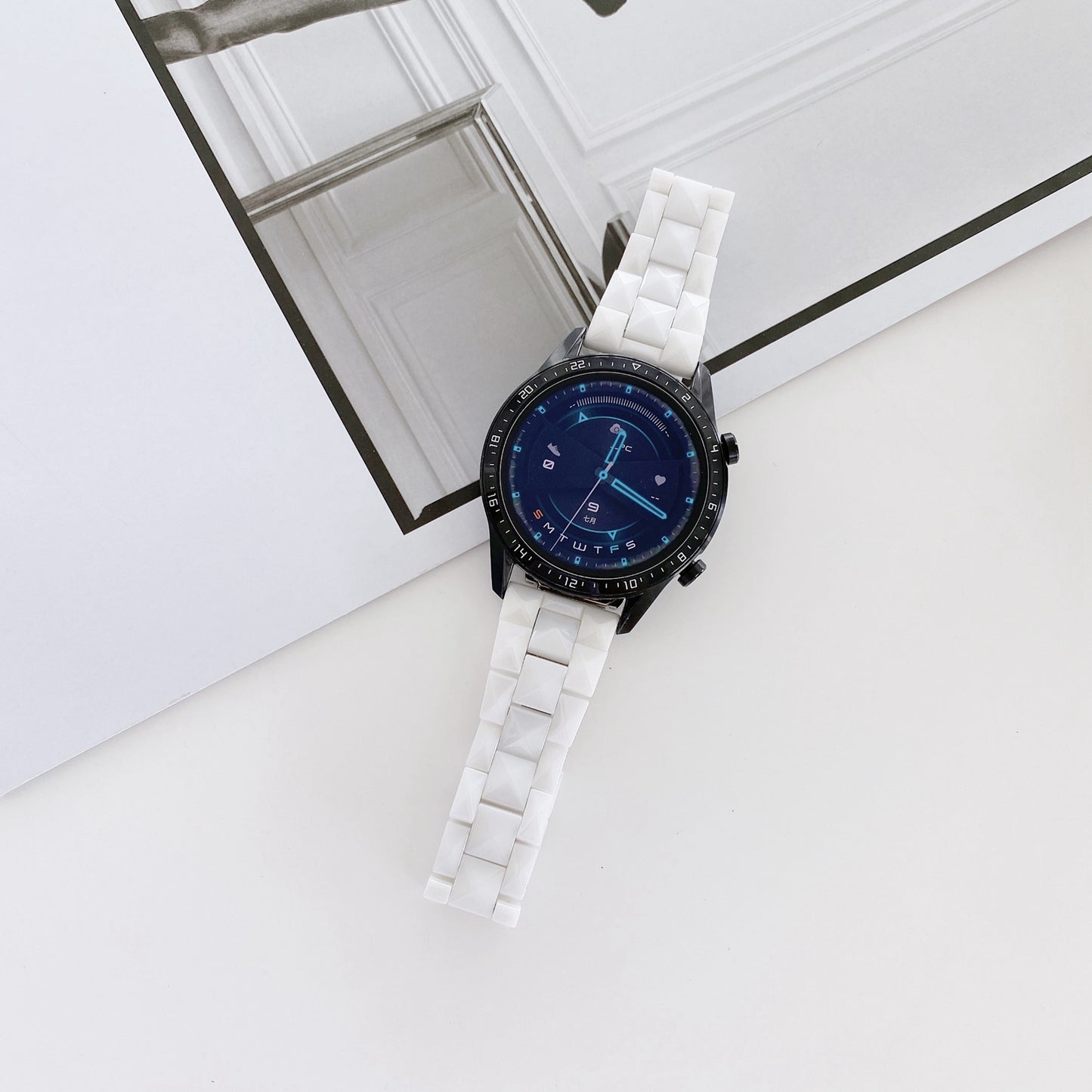 For Huawei Watch GT3 46mm/Xiaomi Haylou RS3 22mm Universal Rhombus Grid Design Ceramic Watch Strap Wrist Band - White