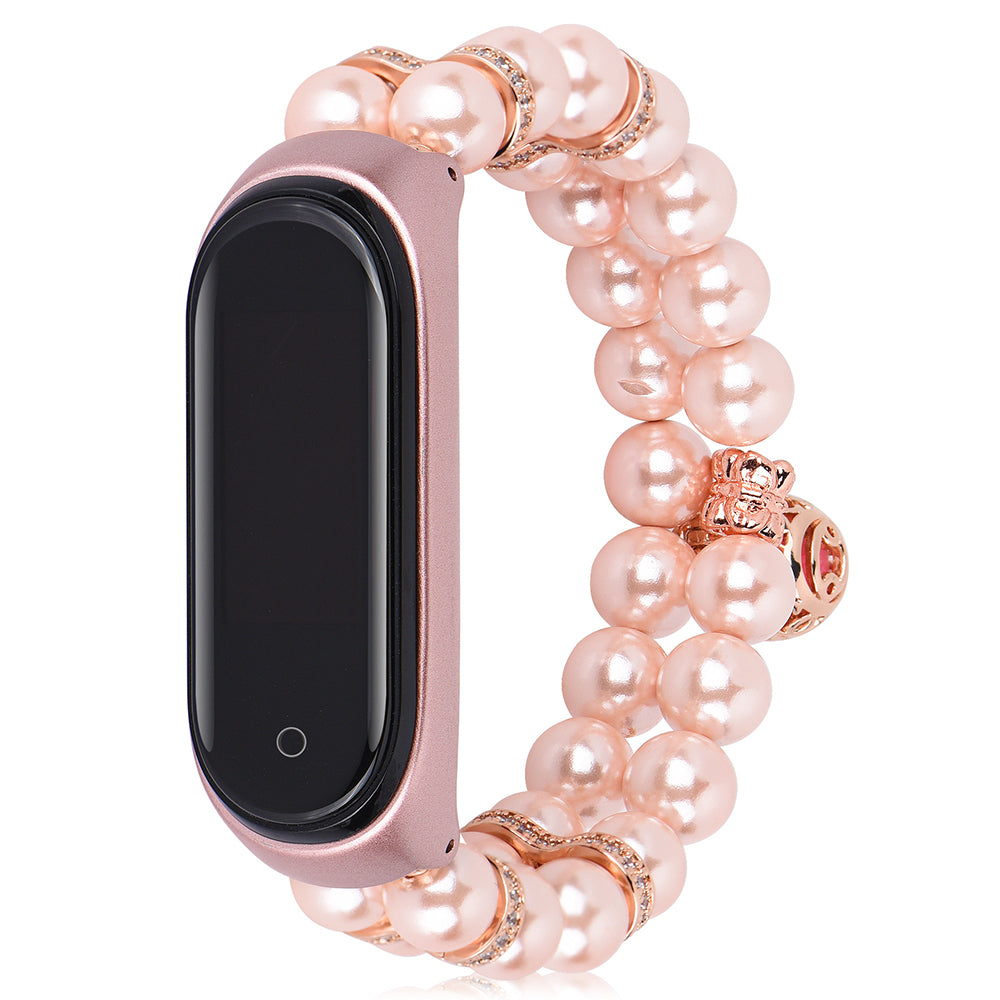 For Xiaomi Mi Band 5/6 Double Rows Faux Pearl Bracelet Wrist Strap Smart Watch Band with Metal Ball Decor - Pink