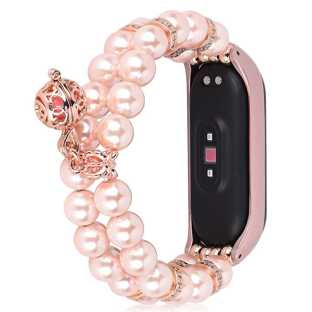 For Xiaomi Mi Band 5/6 Double Rows Faux Pearl Bracelet Wrist Strap Smart Watch Band with Metal Ball Decor - Pink