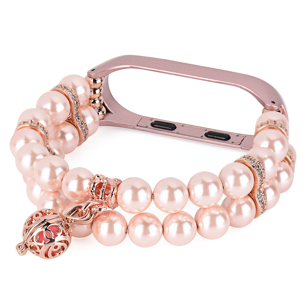 For Xiaomi Mi Band 5/6 Double Rows Faux Pearl Bracelet Wrist Strap Smart Watch Band with Metal Ball Decor - Pink