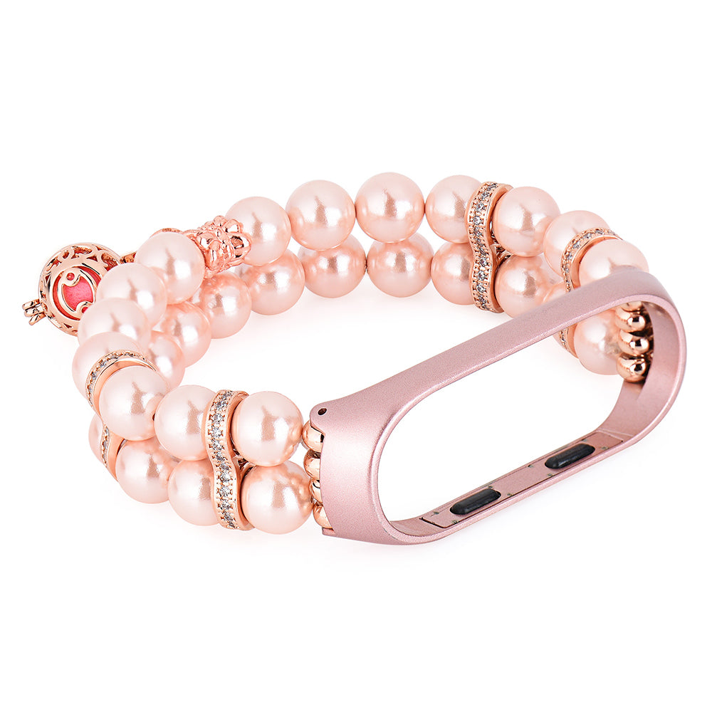 For Xiaomi Mi Band 5/6 Double Rows Faux Pearl Bracelet Wrist Strap Smart Watch Band with Metal Ball Decor - Pink