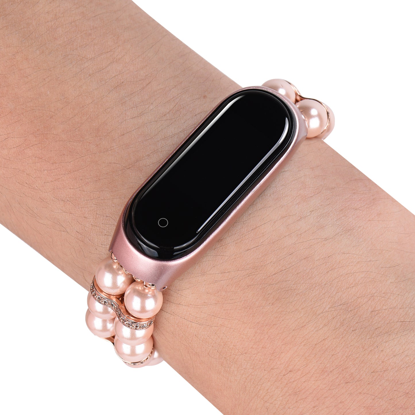 For Xiaomi Mi Band 5/6 Double Rows Faux Pearl Bracelet Wrist Strap Smart Watch Band with Metal Ball Decor - Pink