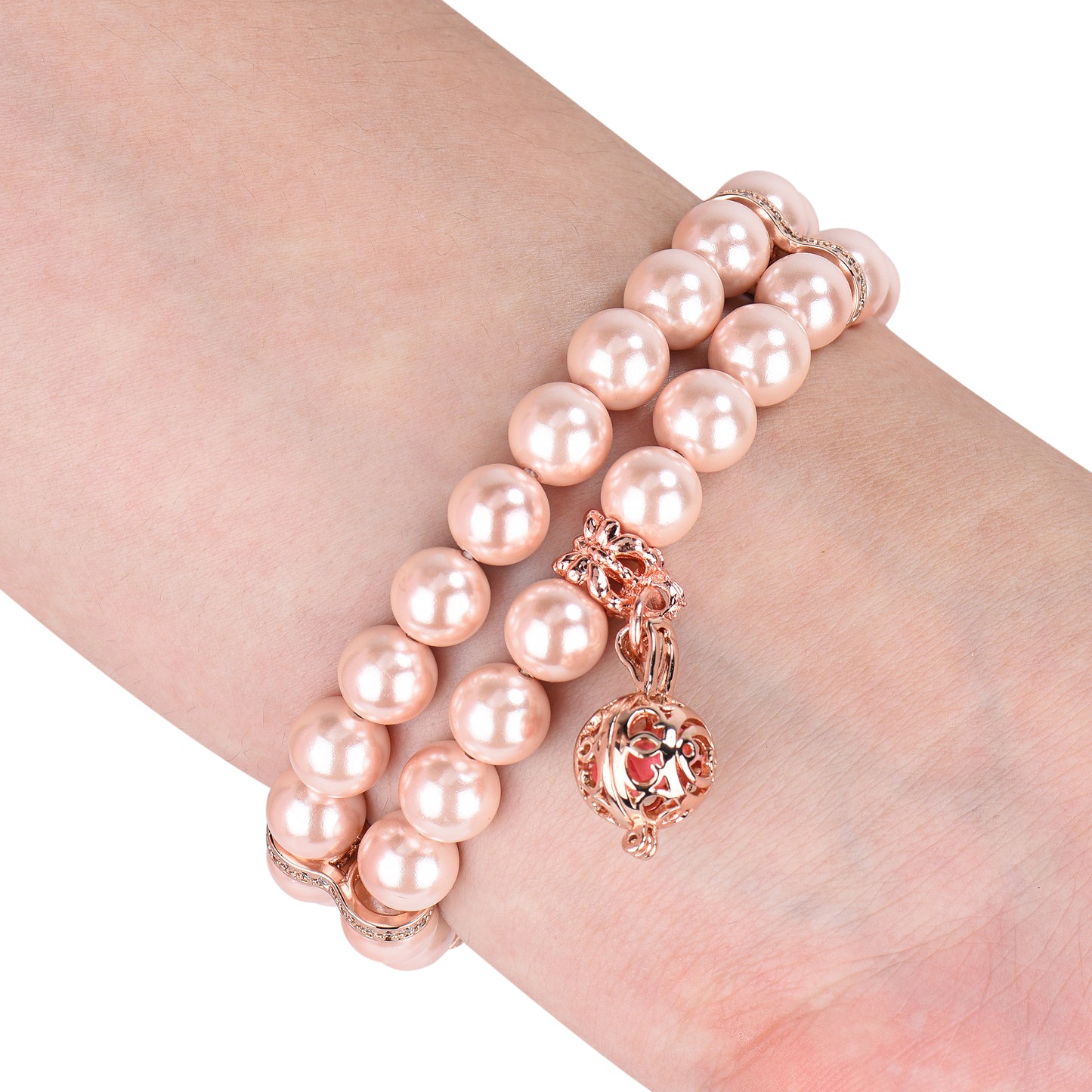 For Xiaomi Mi Band 5/6 Double Rows Faux Pearl Bracelet Wrist Strap Smart Watch Band with Metal Ball Decor - Pink