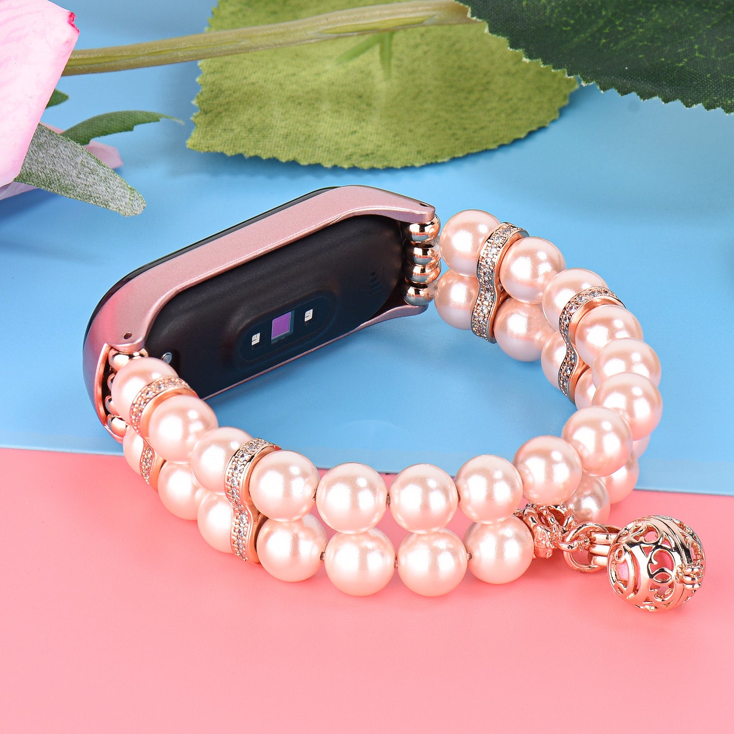 For Xiaomi Mi Band 5/6 Double Rows Faux Pearl Bracelet Wrist Strap Smart Watch Band with Metal Ball Decor - Pink