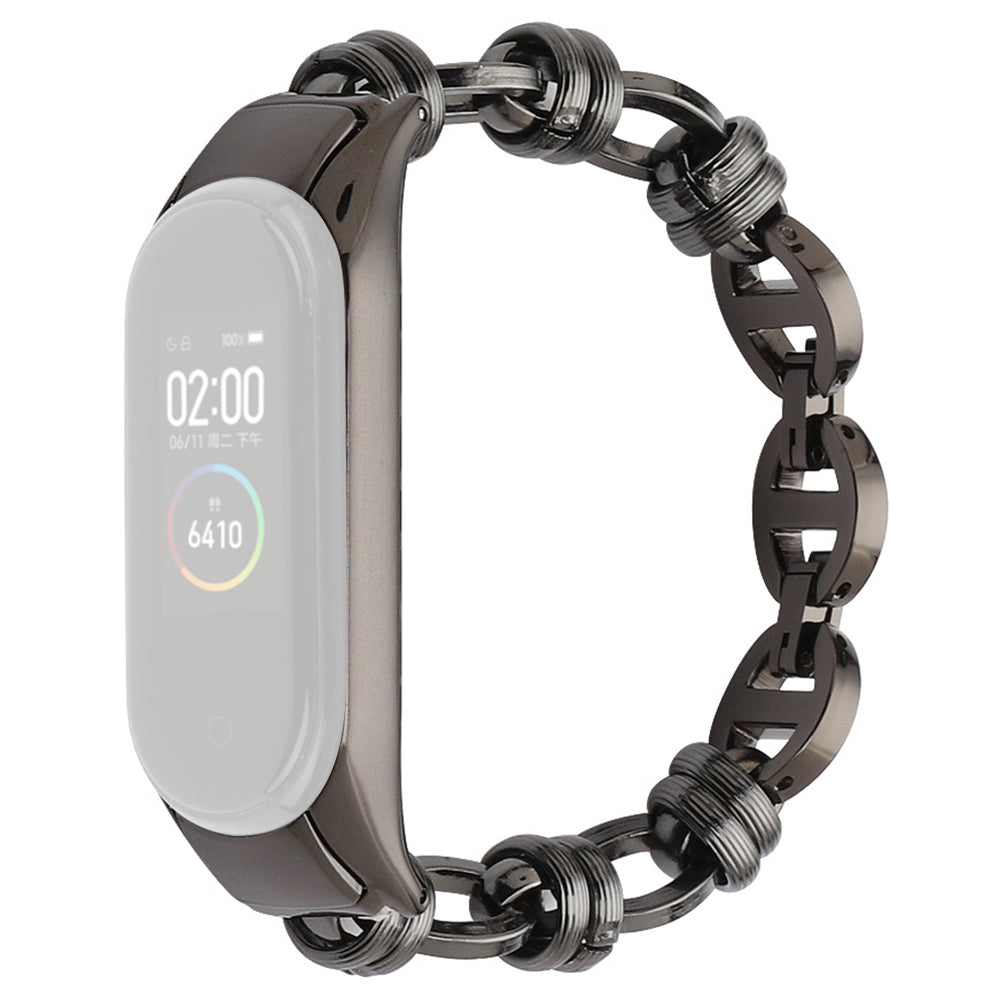 Uniqkart for Xiaomi Mi Band 5/6 Punk Stainless Steel Watch Band with Thread Design Replacement Watch Strap - Black