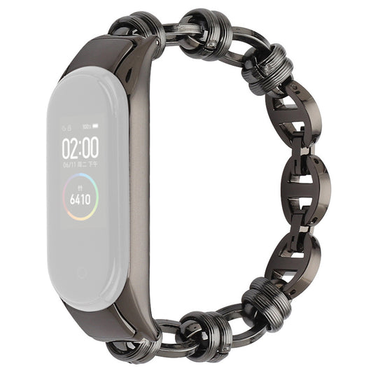 Uniqkart for Xiaomi Mi Band 5/6 Punk Stainless Steel Watch Band with Thread Design Replacement Watch Strap - Black