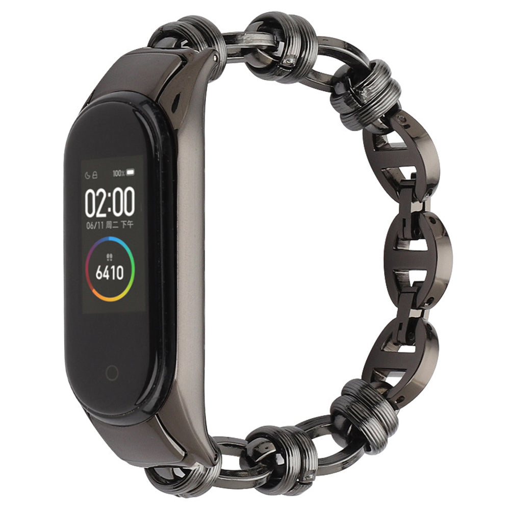 Uniqkart for Xiaomi Mi Band 5/6 Punk Stainless Steel Watch Band with Thread Design Replacement Watch Strap - Black