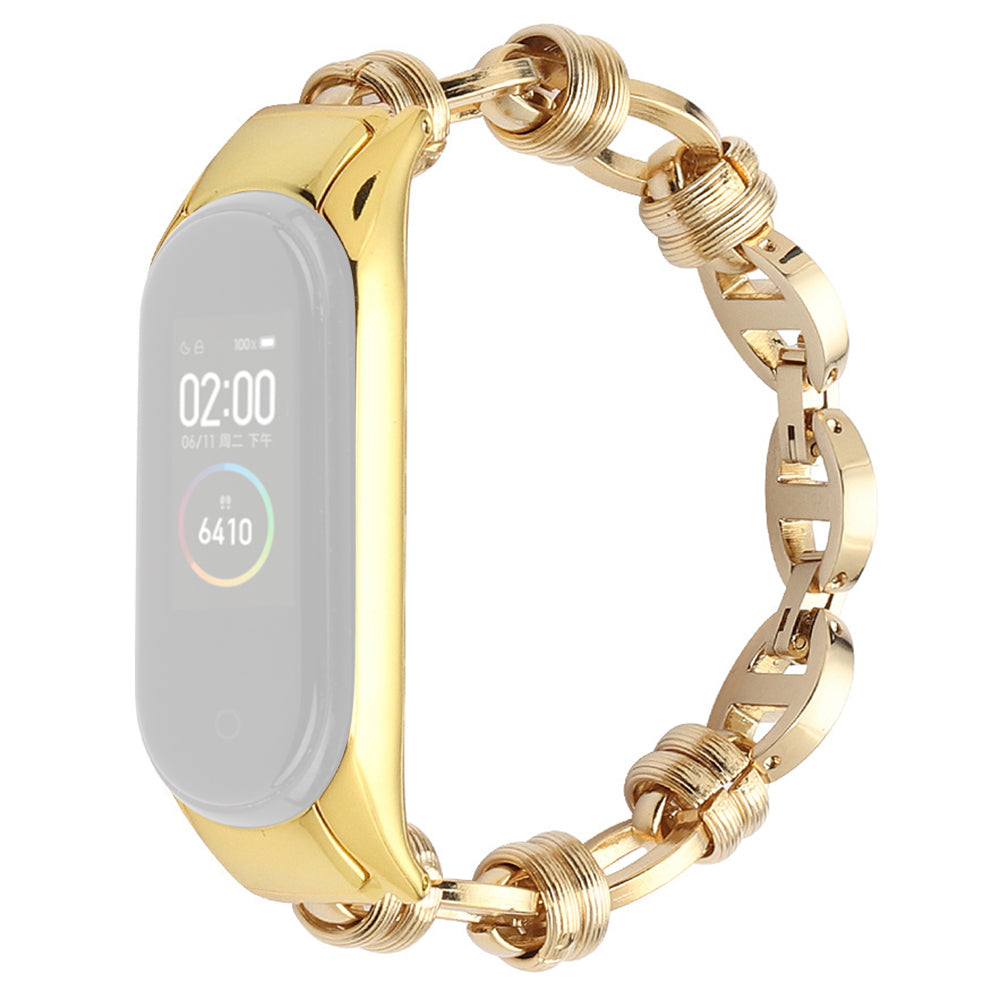 Uniqkart for Xiaomi Mi Band 5/6 Punk Stainless Steel Watch Band with Thread Design Replacement Watch Strap - Gold