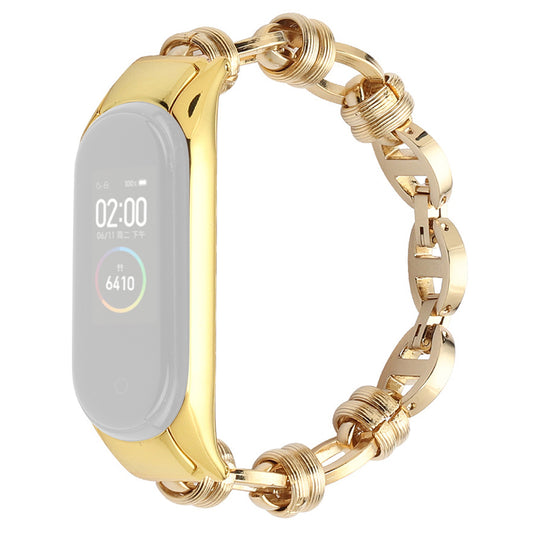 Uniqkart for Xiaomi Mi Band 5/6 Punk Stainless Steel Watch Band with Thread Design Replacement Watch Strap - Gold
