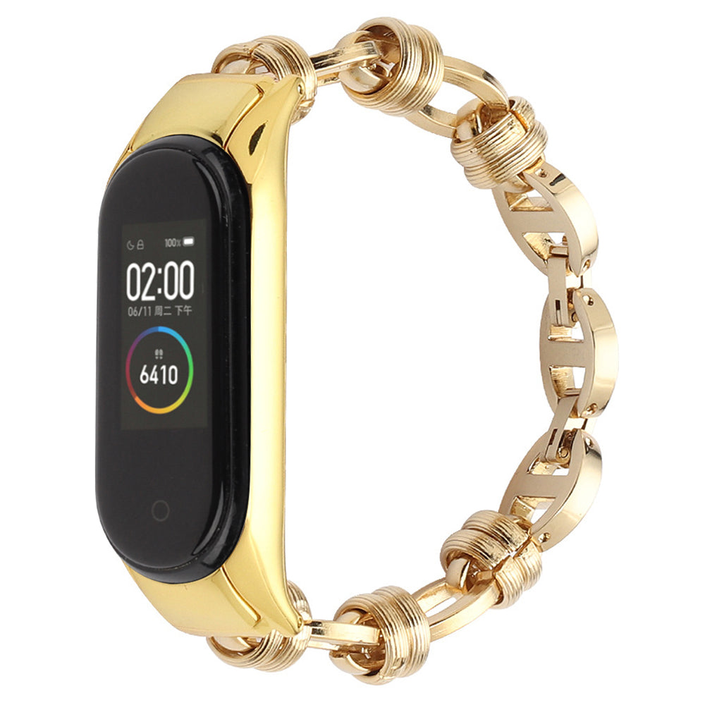 Uniqkart for Xiaomi Mi Band 5/6 Punk Stainless Steel Watch Band with Thread Design Replacement Watch Strap - Gold