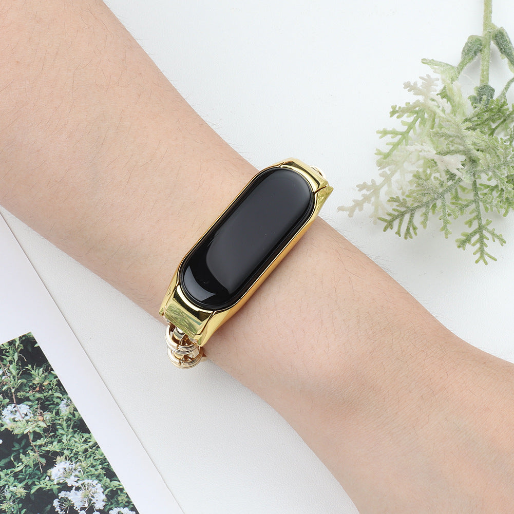 Uniqkart for Xiaomi Mi Band 5/6 Punk Stainless Steel Watch Band with Thread Design Replacement Watch Strap - Gold