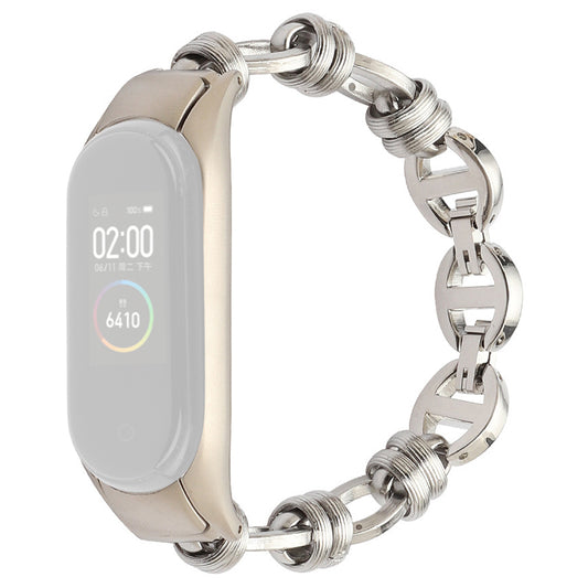 Uniqkart for Xiaomi Mi Band 5/6 Punk Stainless Steel Watch Band with Thread Design Replacement Watch Strap - Silver