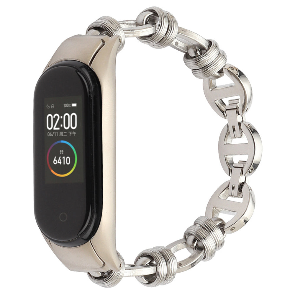 Uniqkart for Xiaomi Mi Band 5/6 Punk Stainless Steel Watch Band with Thread Design Replacement Watch Strap - Silver