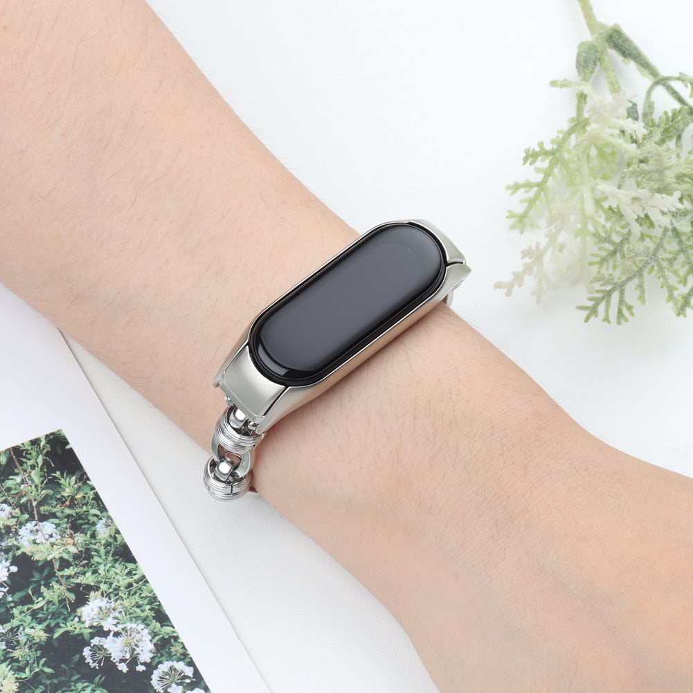 Uniqkart for Xiaomi Mi Band 5/6 Punk Stainless Steel Watch Band with Thread Design Replacement Watch Strap - Silver