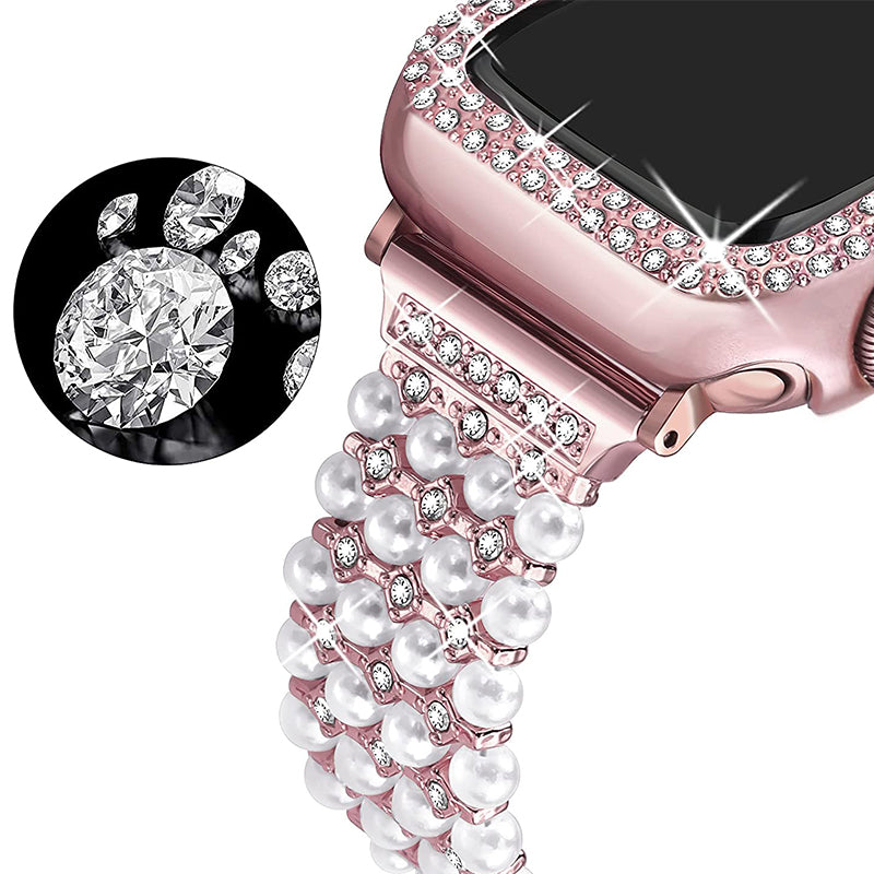 For Apple Watch Series 1/2/3 38mm Spare Watch Band Replacement Artificial Pearl Rhinestone Bracelet + Protective PC Watch Case - Rose Pink