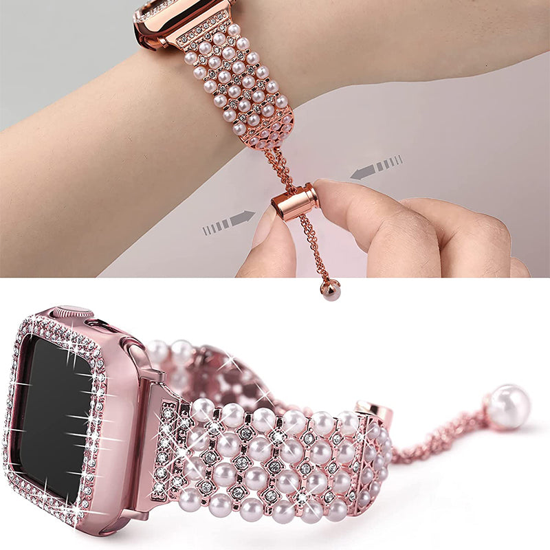 For Apple Watch Series 1/2/3 38mm Spare Watch Band Replacement Artificial Pearl Rhinestone Bracelet + Protective PC Watch Case - Rose Pink