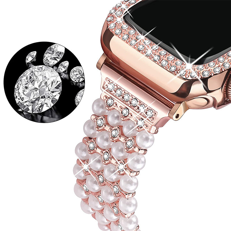For Apple Watch Series 1/2/3 38mm Spare Watch Band Replacement Artificial Pearl Rhinestone Bracelet + Protective PC Watch Case - Rose Gold