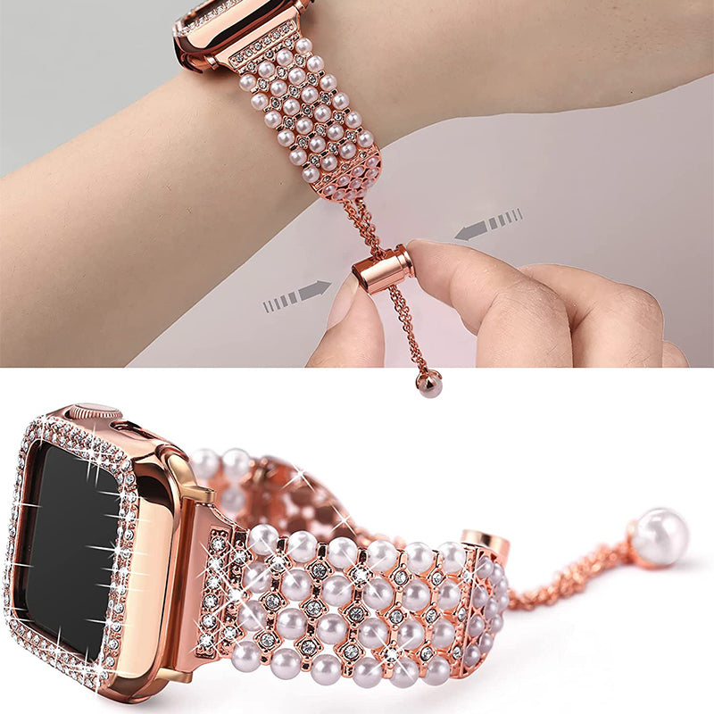 For Apple Watch Series 1/2/3 38mm Spare Watch Band Replacement Artificial Pearl Rhinestone Bracelet + Protective PC Watch Case - Rose Gold