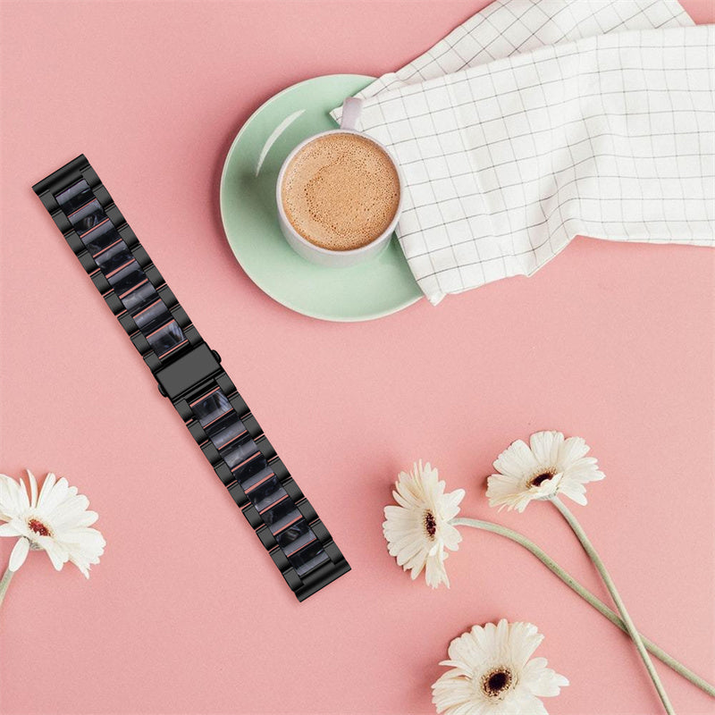 For Pebble Time Round/Pebble 2 Smart Watch Replacement Strap Stylish Stainless Steel + Resin Wrist Band - Black/Black