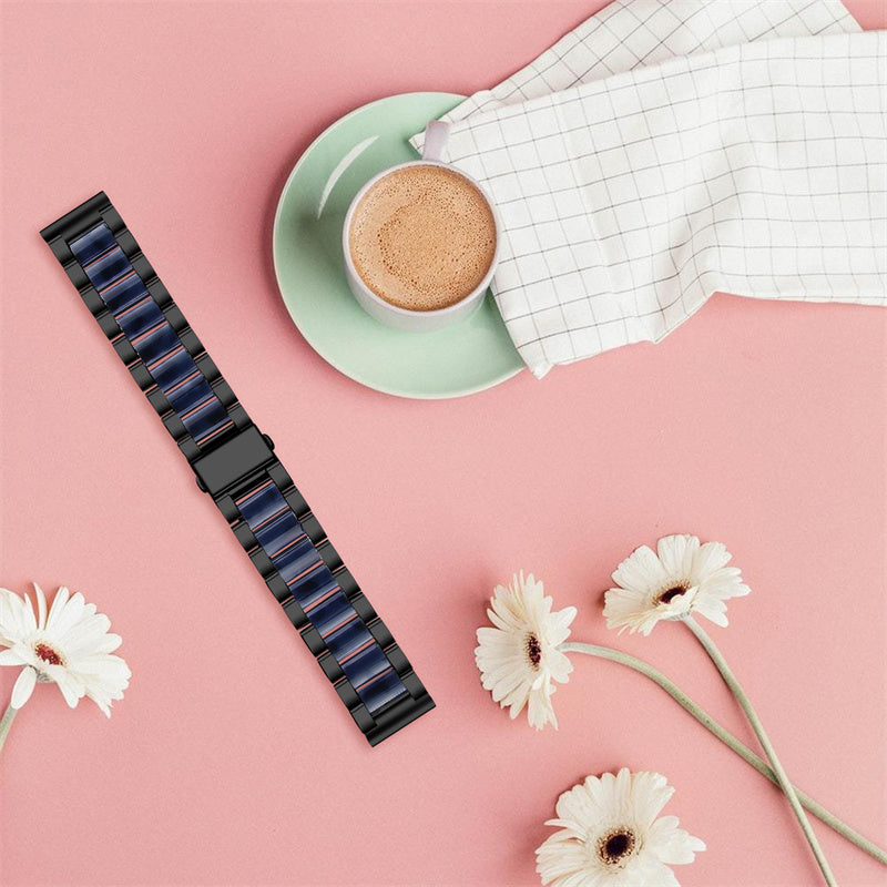 For Pebble Time Round/Pebble 2 Smart Watch Replacement Strap Stylish Stainless Steel + Resin Wrist Band - Black/Dark Blue