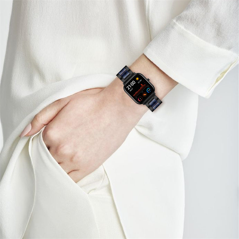 For Pebble Time Round/Pebble 2 Smart Watch Replacement Strap Stylish Stainless Steel + Resin Wrist Band - Black/Dark Blue