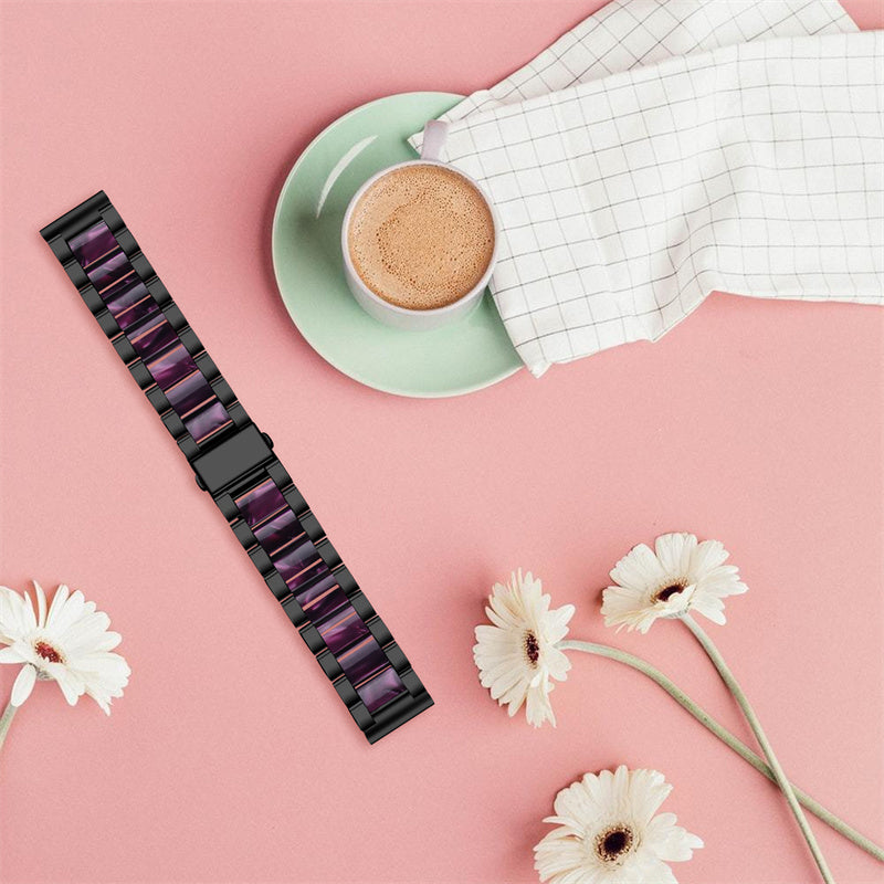 For Pebble Time Round/Pebble 2 Smart Watch Replacement Strap Stylish Stainless Steel + Resin Wrist Band - Black/Purple