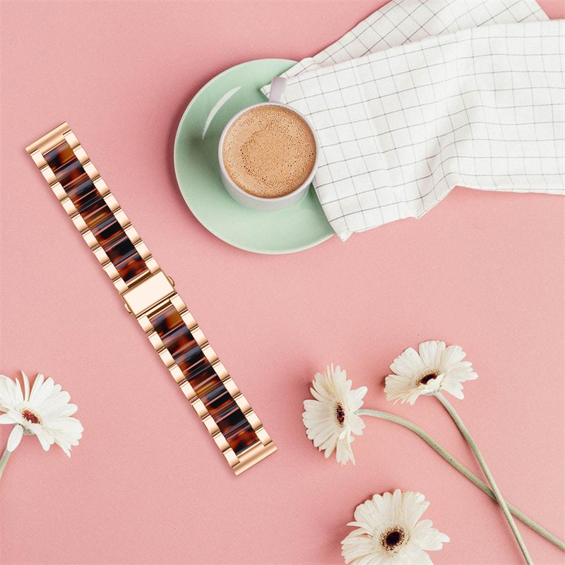 For Pebble Time Round/Pebble 2 Smart Watch Replacement Strap Stylish Stainless Steel + Resin Wrist Band - Rose Gold/Tortoiseshell