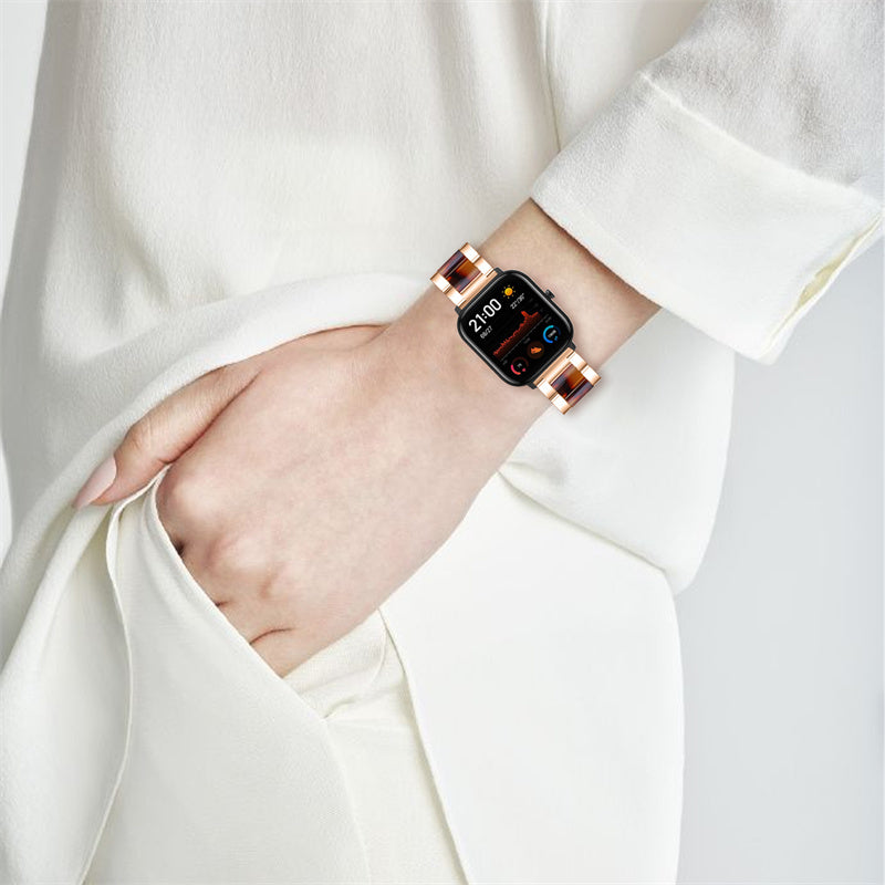 For Pebble Time Round/Pebble 2 Smart Watch Replacement Strap Stylish Stainless Steel + Resin Wrist Band - Rose Gold/Tortoiseshell