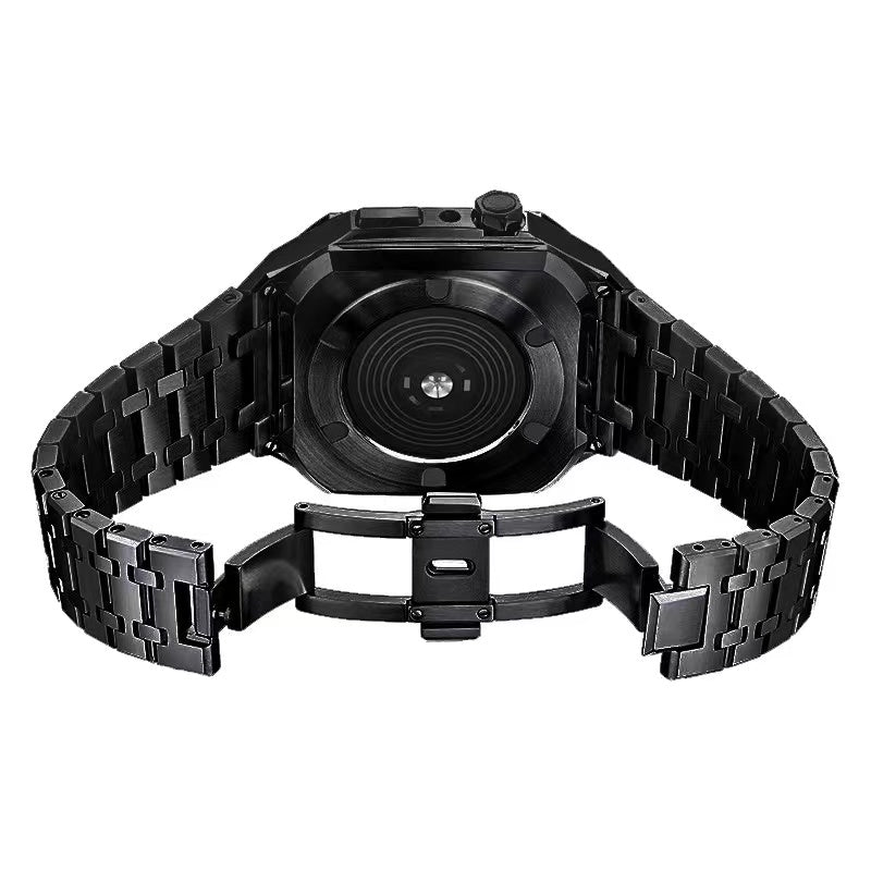 For Apple Watch Series 8 / 7 45mm Stainless Steel Watch Band Watch Strap + Anti-drop Protective Case - Black