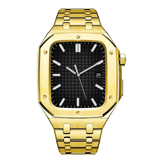 For Apple Watch Series 8 / 7 45mm Stainless Steel Watch Band Watch Strap + Anti-drop Protective Case - Gold