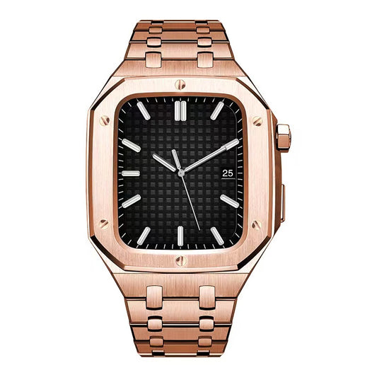 For Apple Watch Series 8 / 7 45mm Stainless Steel Watch Band Watch Strap + Anti-drop Protective Case - Rose Gold