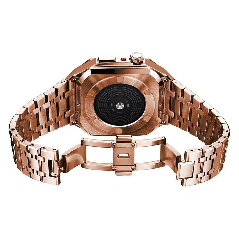 For Apple Watch Series 8 / 7 45mm Stainless Steel Watch Band Watch Strap + Anti-drop Protective Case - Rose Gold