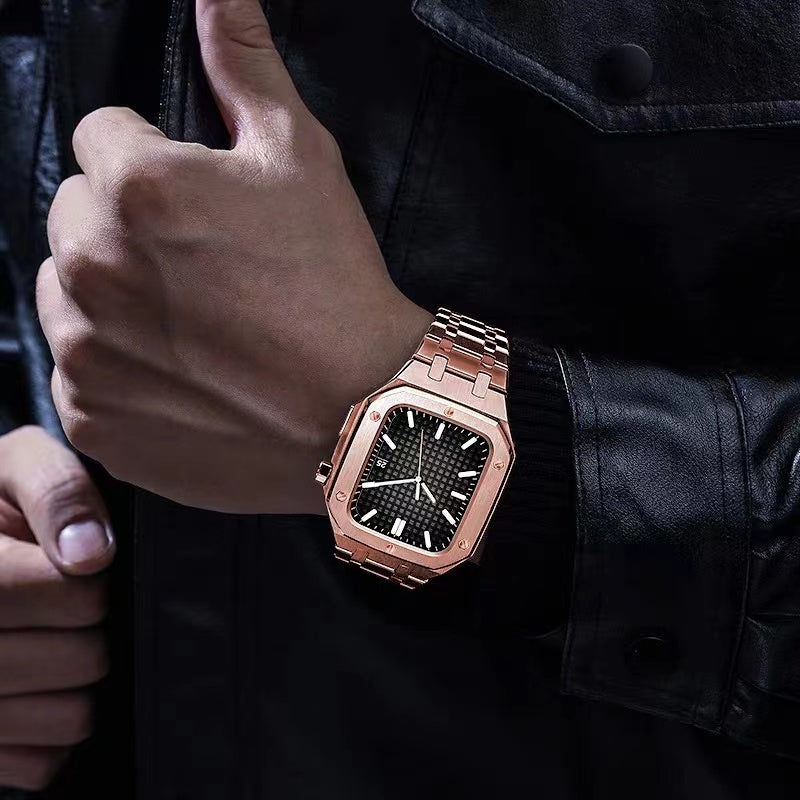 For Apple Watch Series 8 / 7 45mm Stainless Steel Watch Band Watch Strap + Anti-drop Protective Case - Rose Gold