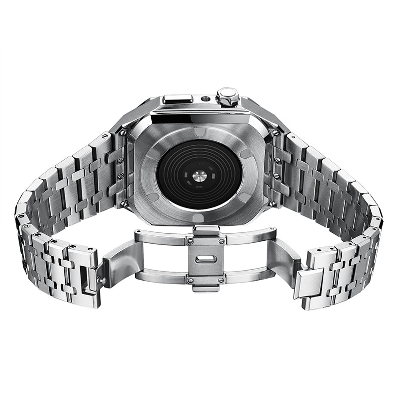 for Apple Watch Series 7 45mm / SE 44mm / SE (2022) 44mm / Series 6 / 5 / 4 44mm / Series 3 / 2 / 1 42mm Stainless Steel Double Foldable Buckle Watch Band Wrist Strap with Protective Case - Silver