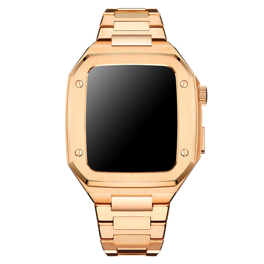 for Apple Watch Series 7 45mm / SE 44mm / SE (2022) 44mm / Series 6 / 5 / 4 44mm / Series 3 / 2 / 1 42mm Stainless Steel Double Foldable Buckle Watch Band Wrist Strap with Protective Case - Rose Gold