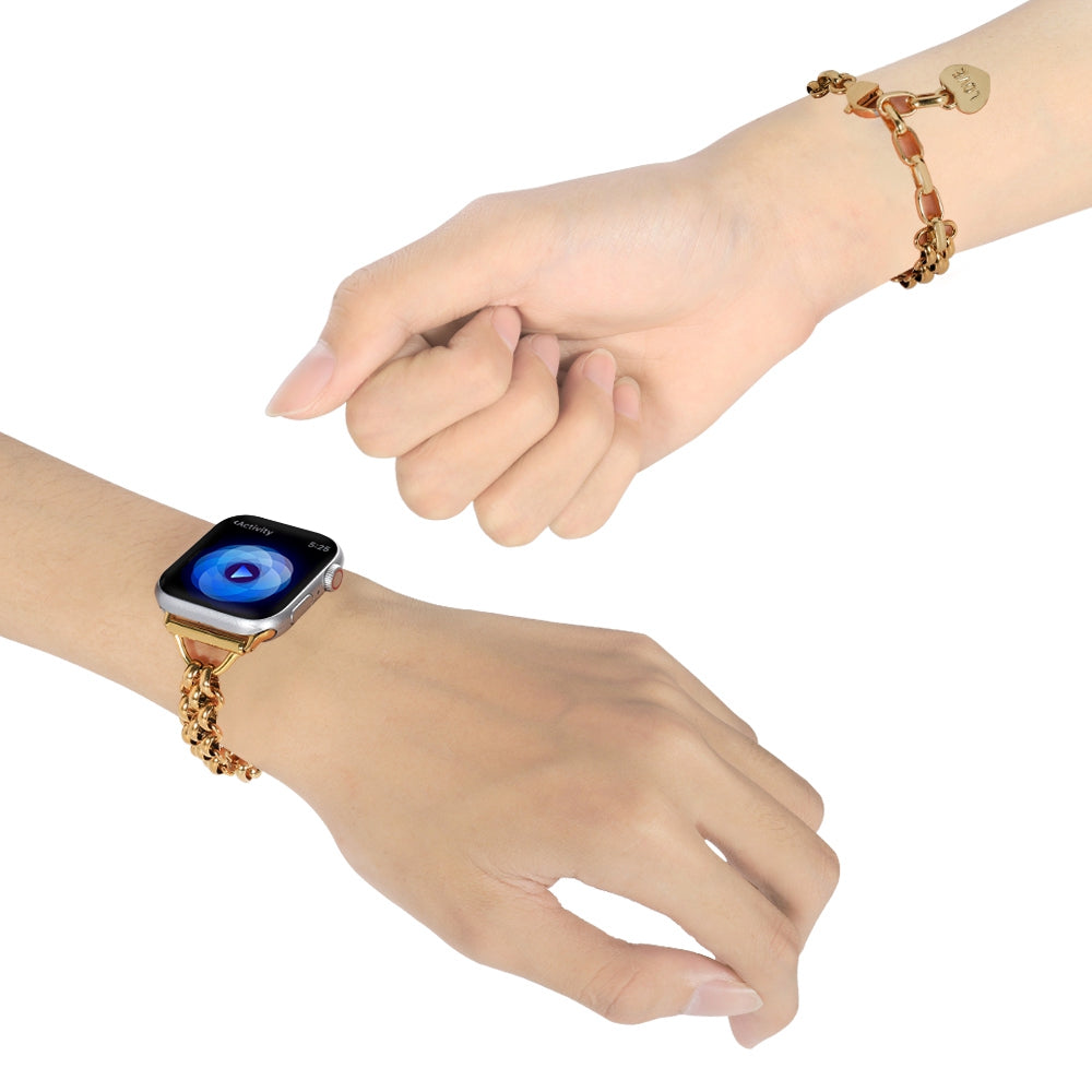 for Apple Watch Ultra 49mm / Series 8 45mm / 7 45mm / 6 / 5 / 4 / SE 44mm / SE (2022) 44mm / 3 / 2 / 1 42mm Three Row Watch Strap Stainless Steel Wrist Band Bracelet with Heart Shape Pendant - Gold